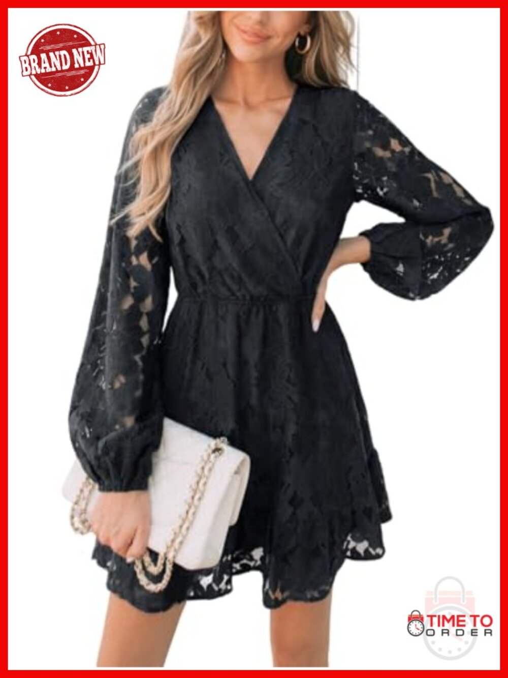 V Neck Lace Peasant Sleeve High Waist A Line Mini Dress